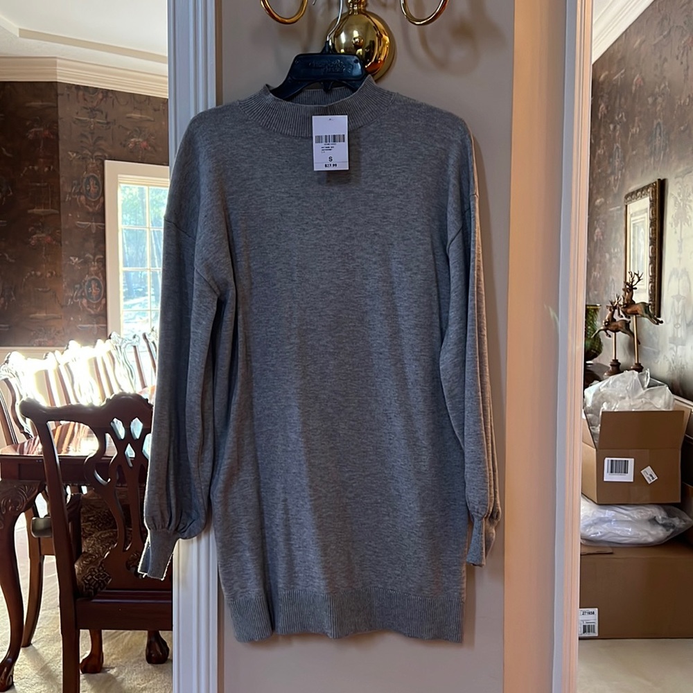 Gray Sweater Dress with Balloon Arms